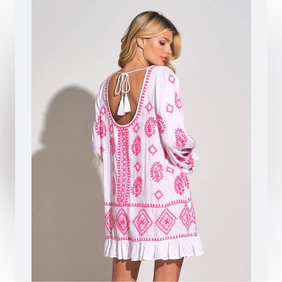 Nwt Elan Womens White Pink Allover Embroidered Scoop Neck Ruffle Mini Dress Sz M - Picture 2 of 6